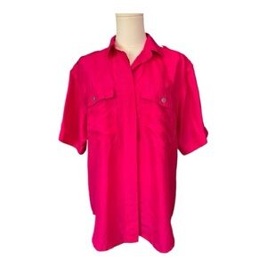 EUC Sunny Leigh hot pink silk short sleeve button down blouse | size small